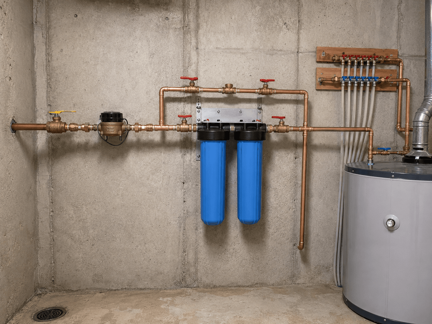 Residential plumbing installation with copper piping, water filtration system, distribution manifold and water heater in a basement.