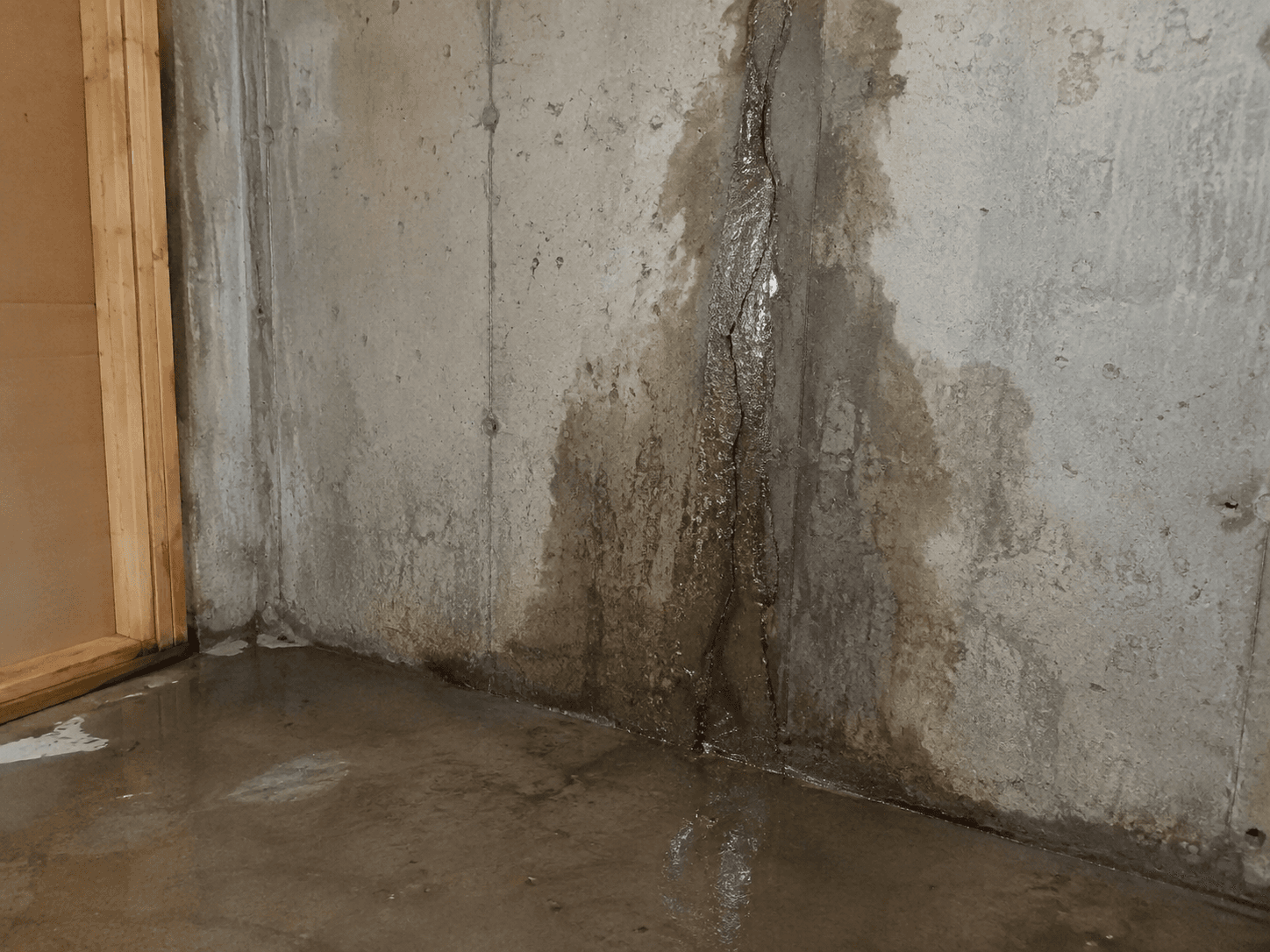 Concrete foundation wall showing a vertical crack with water infiltration and visible moisture damage in a basement