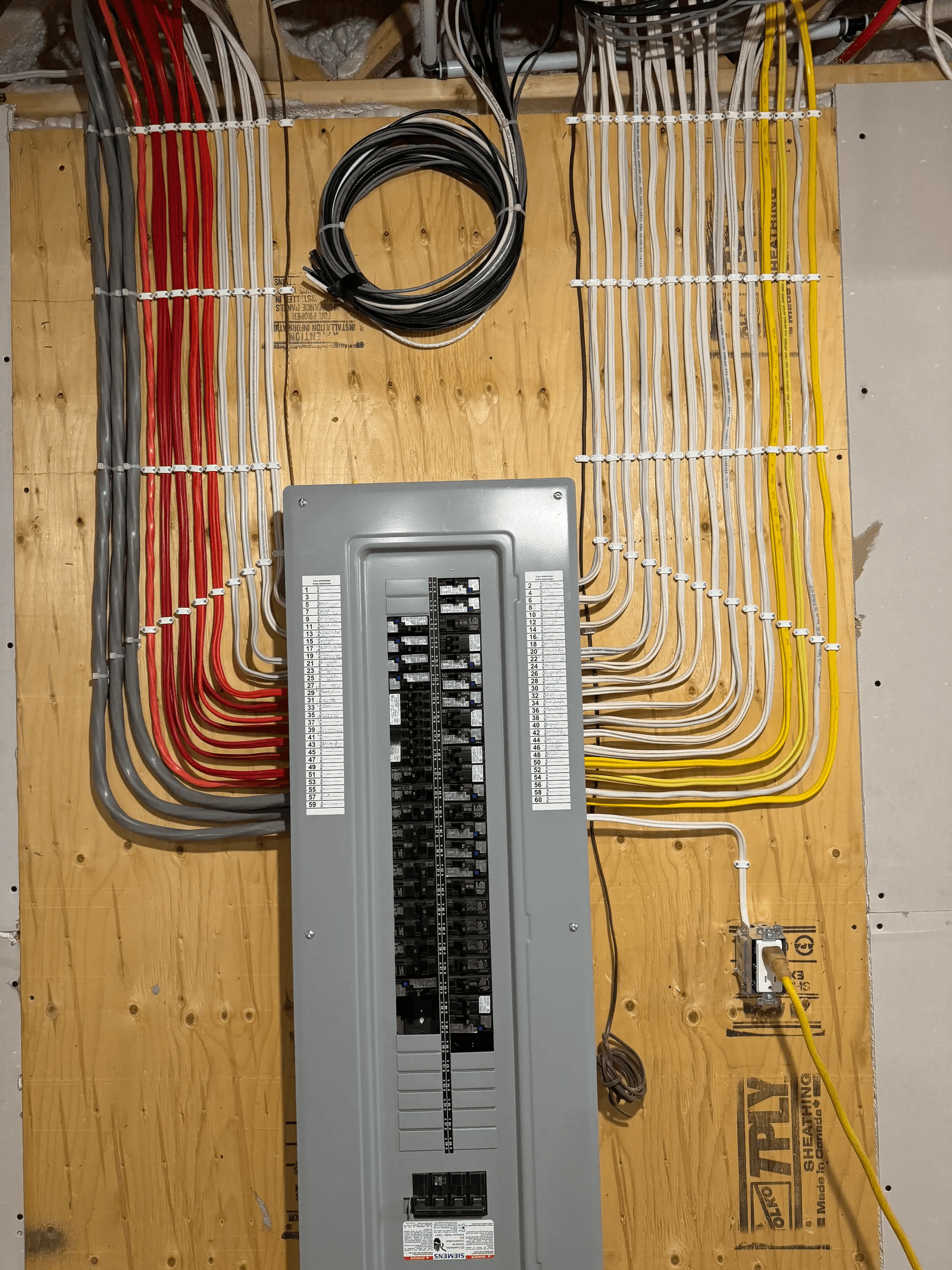 Residential electrical panel with neatly arranged multicolored wiring on a plywood wall