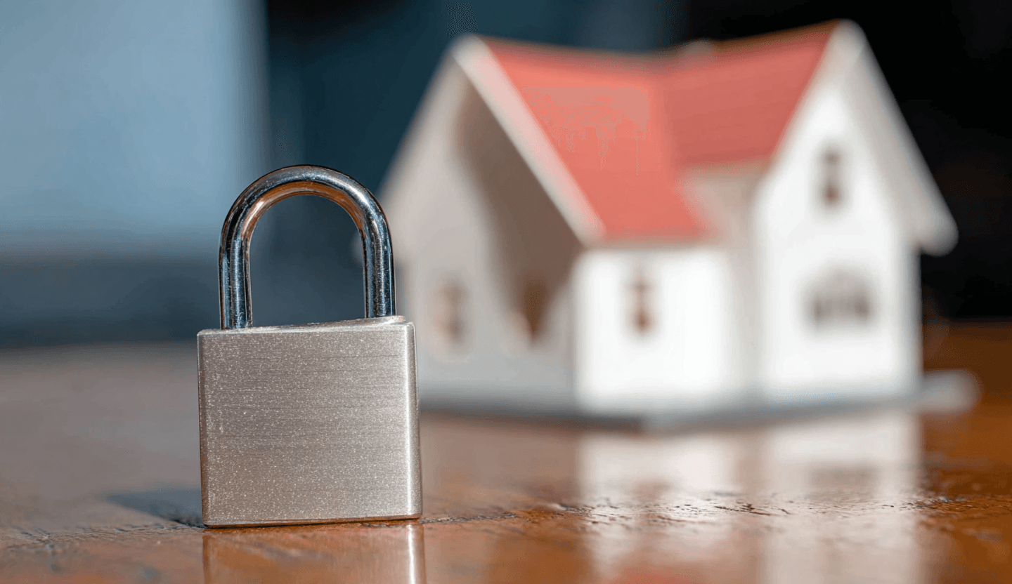Metal padlock in front of a model house, illustrating home security and property protection