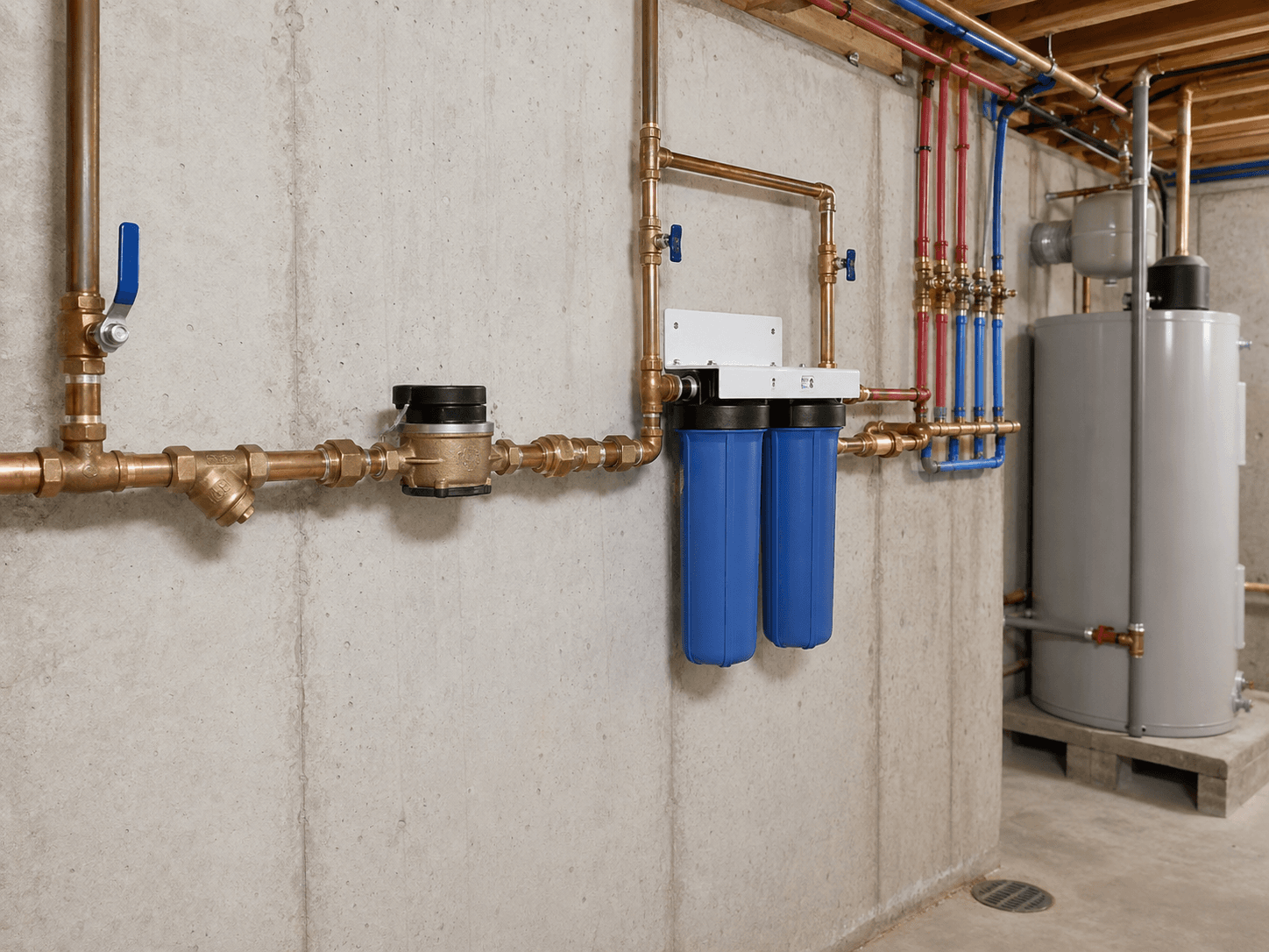 Residential plumbing installation with copper piping, dual water filters, distribution manifolds and a water heater in a basement.