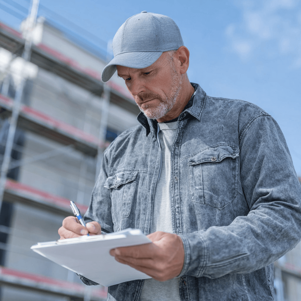Construction professional completing paperwork at an outdoor jobsite, with a building and scaffolding in the background.