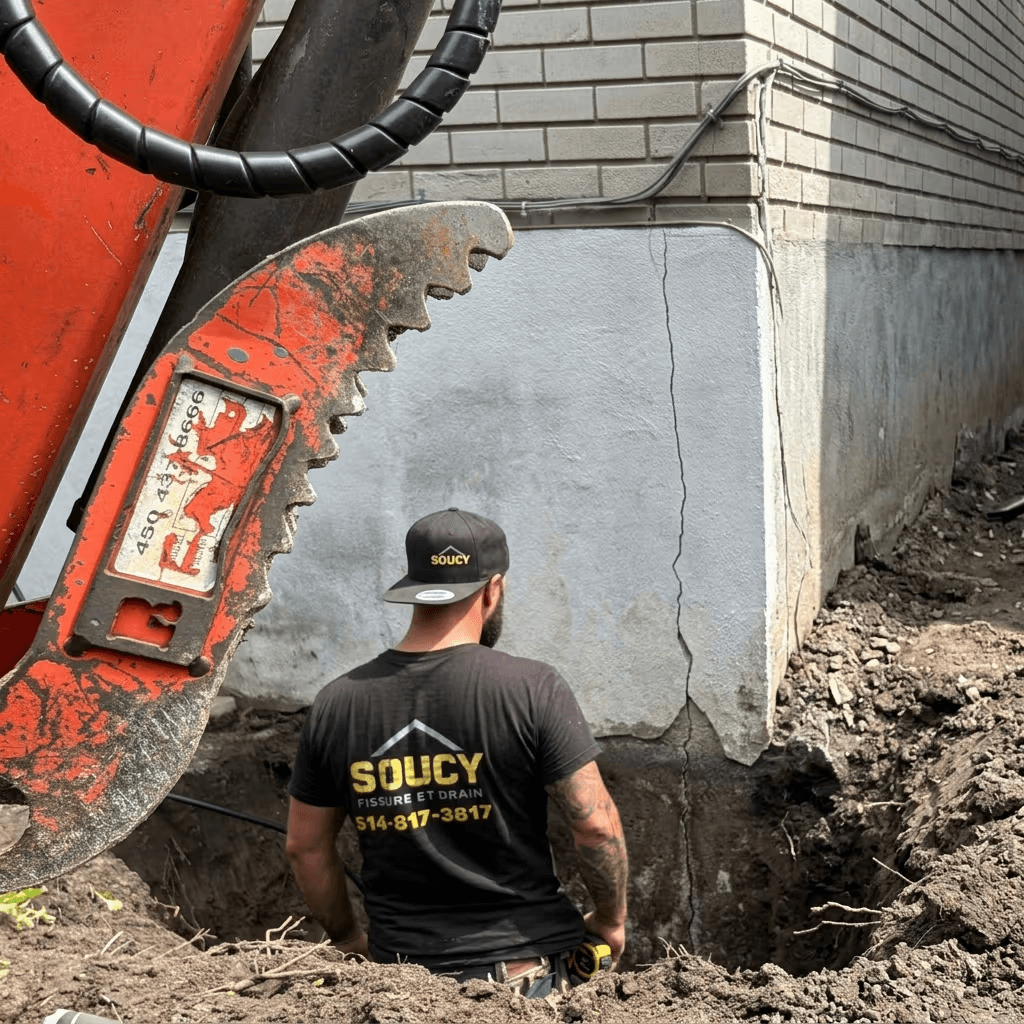 Worker inspecting a large vertical crack in an excavated exterior foundation wall with construction machinery and brick cladding above