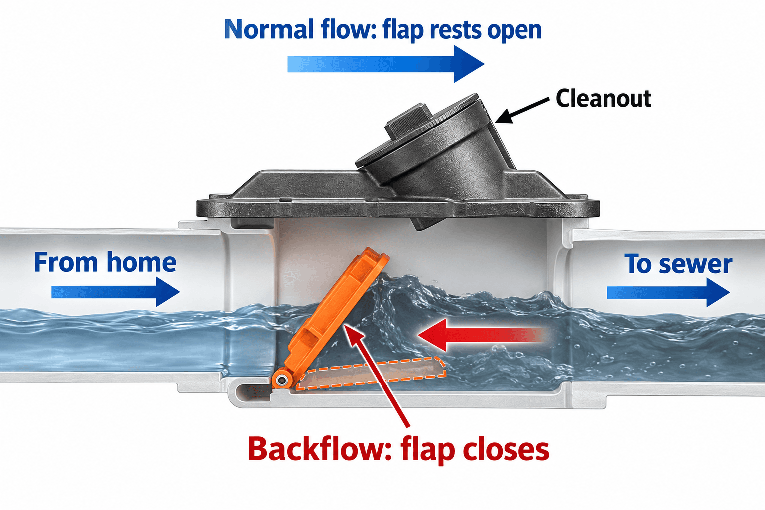 Technical diagram of a residential sewer backwater valve showing normal wastewater flow and automatic flap closure during sewer backflow to protect home plumbing and prevent basement flooding.