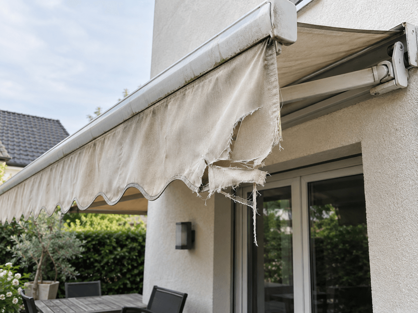 Worn and torn beige outdoor retractable fabric awning with frayed edges, dirt stains, and a metal frame attached to a residential stucco exterior above a glass patio door.