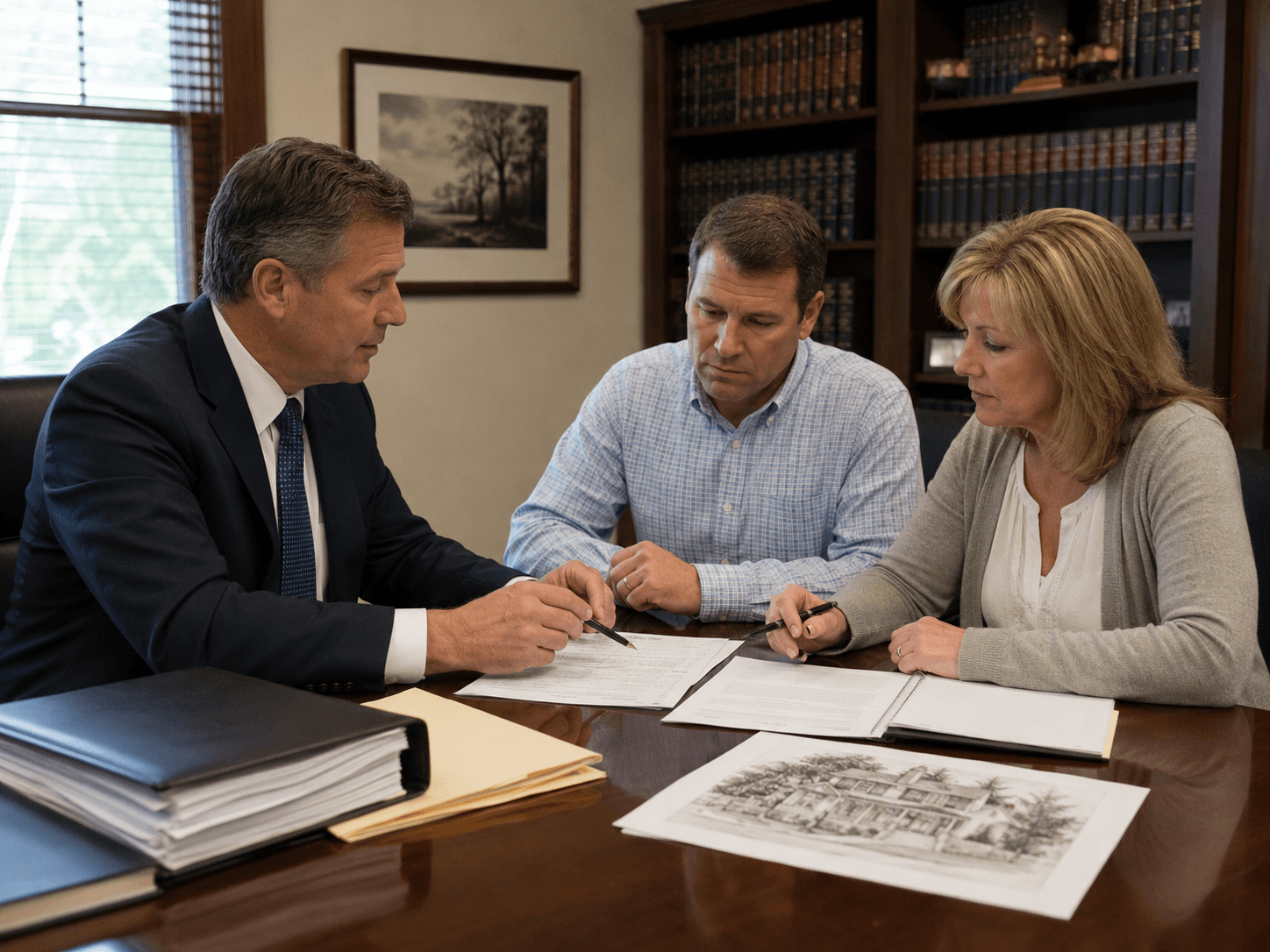 Legal advisor reviewing documents with a couple during a consultation related to a residential property or real estate matter