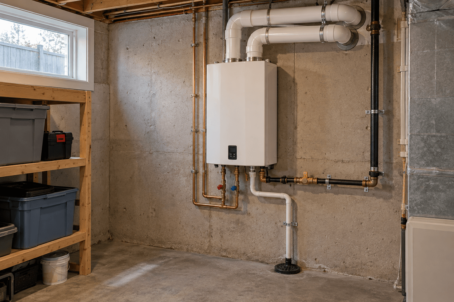 Wall-mounted tankless gas water heater installed in a residential basement, featuring copper piping, plumbing connections, gas supply line and white exhaust vent pipes mounted against a concrete foundation wall.