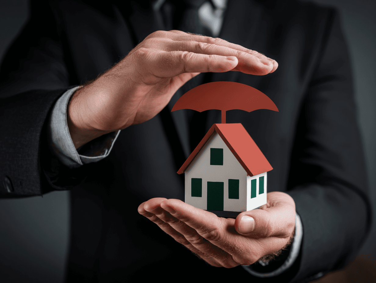 Home protection concept with a miniature house under an umbrella, held in the hands of a professional wearing a suit