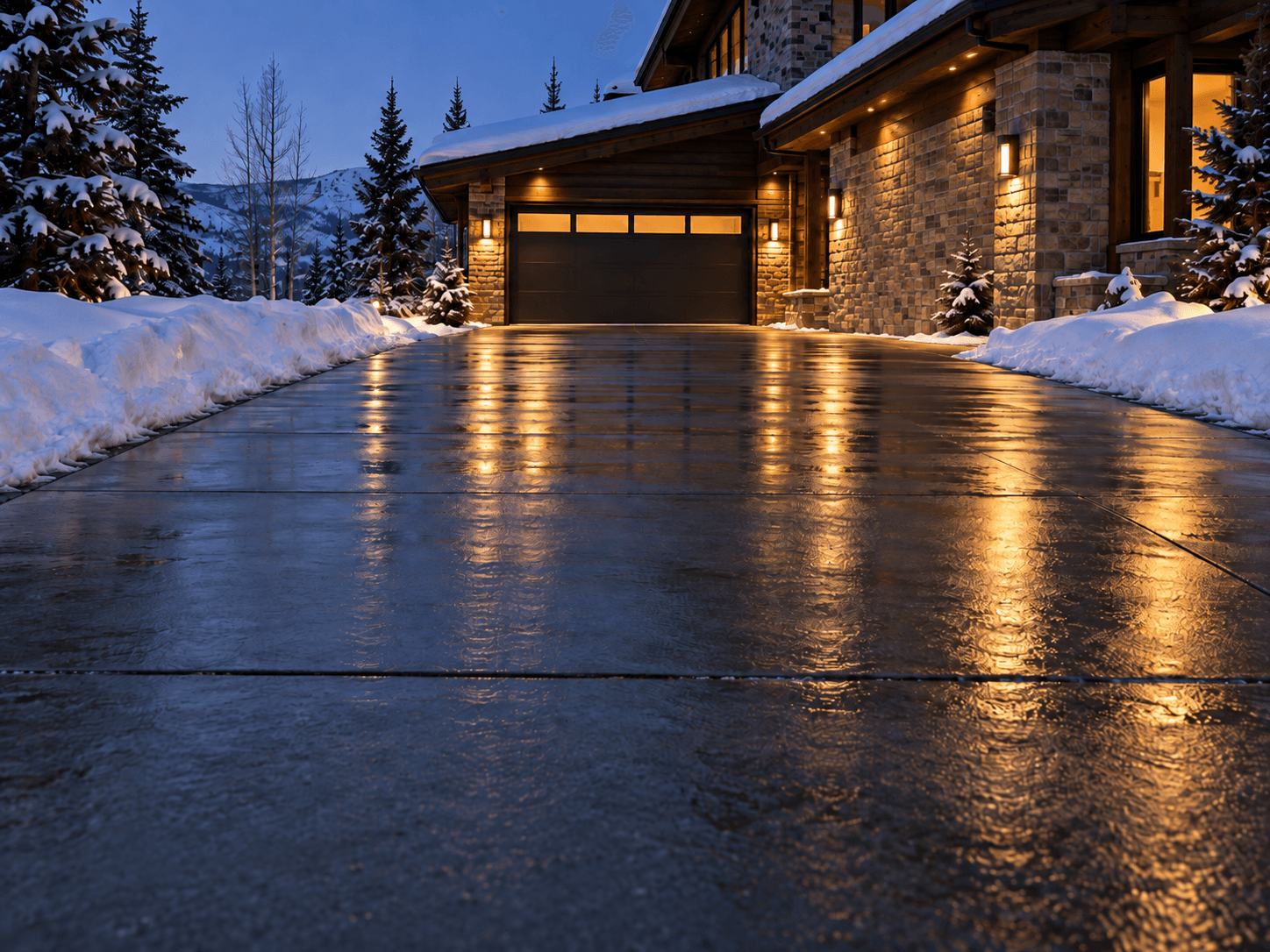 Textured concrete residential driveway cleared of snow and bordered by snowbanks, leading to a modern stone house with warm exterior lighting and a black garage door in winter.