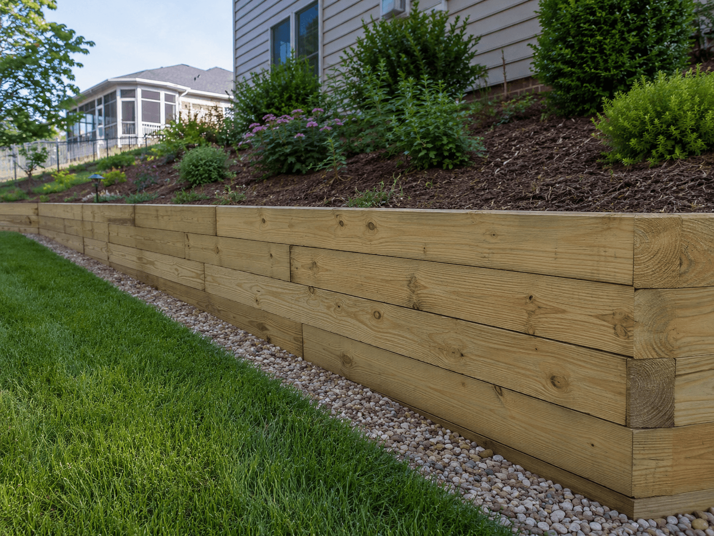Pressure-treated wood retaining wall built along a residential lawn, with decorative gravel, mulch, shrubs and landscaping on a sloped property