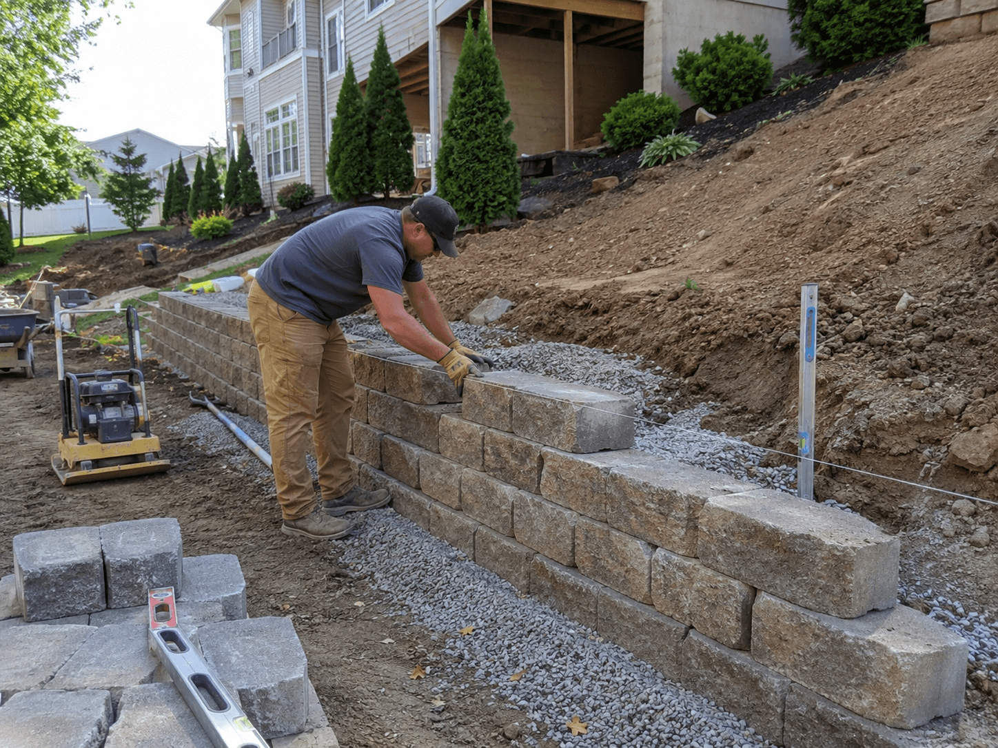 Worker building a concrete block retaining wall on a sloped residential property, with compacted gravel and levelling tools