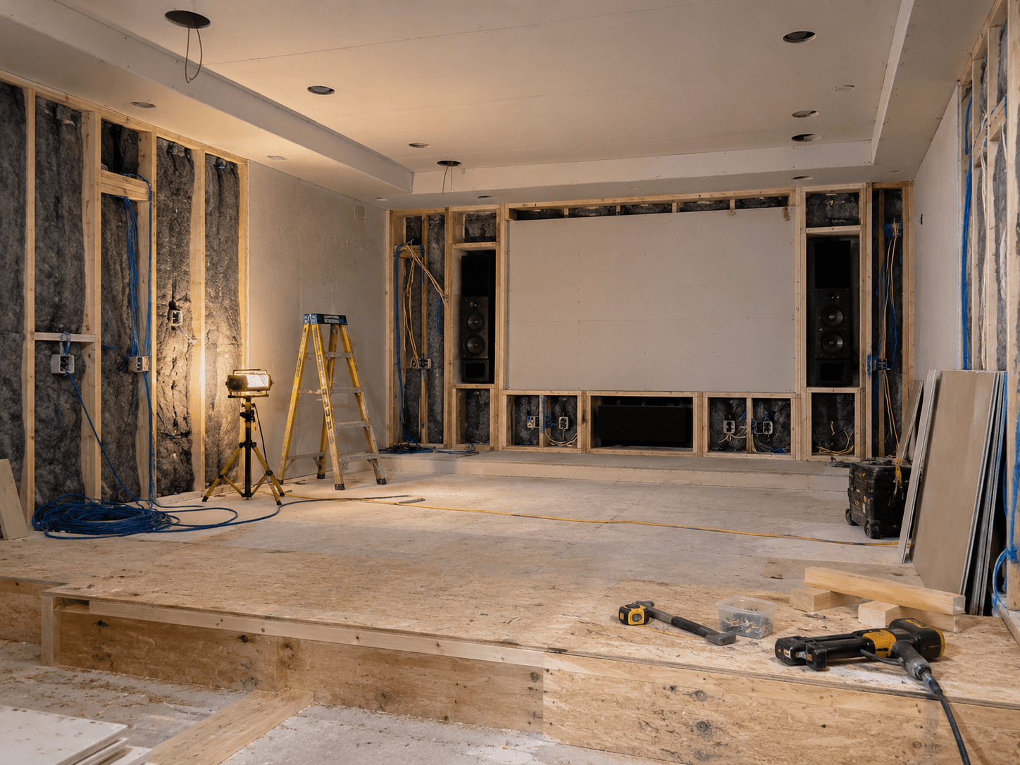 Home theatre under construction with wood framing, acoustic insulation, drywall panels, electrical wiring, built-in speakers and raised seating platform