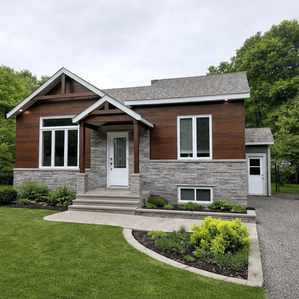 Modern detached house with brown wood siding, decorative grey stone, an asphalt shingle roof, large white windows, a covered entrance with columns, concrete steps and landscaped gardens.