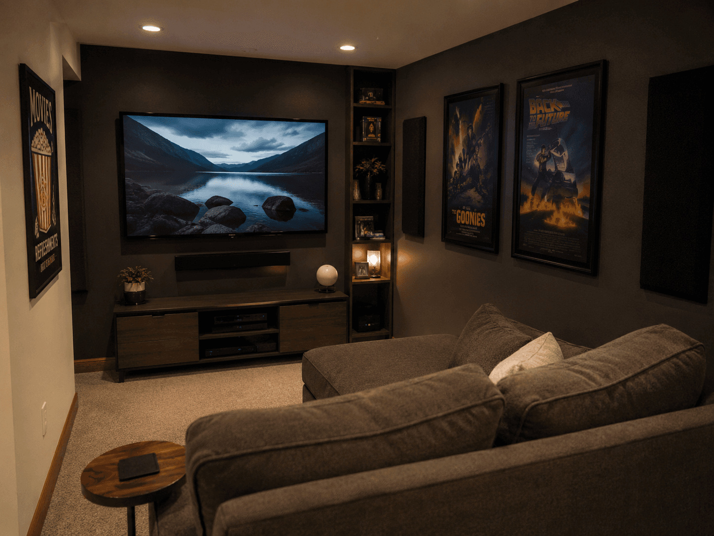 Modern home theatre with a large wall-mounted TV, audio system, sectional sofa, recessed lighting and framed movie posters.
