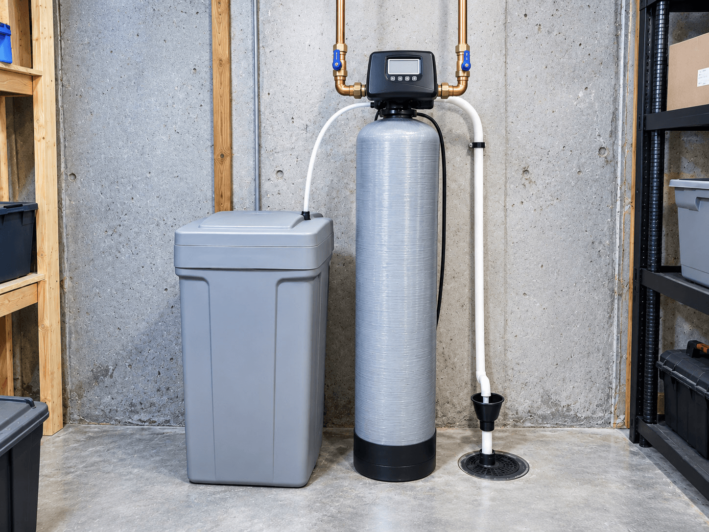 Residential water softener with brine tank, electronic control valve, copper piping, and drain installed in a basement.