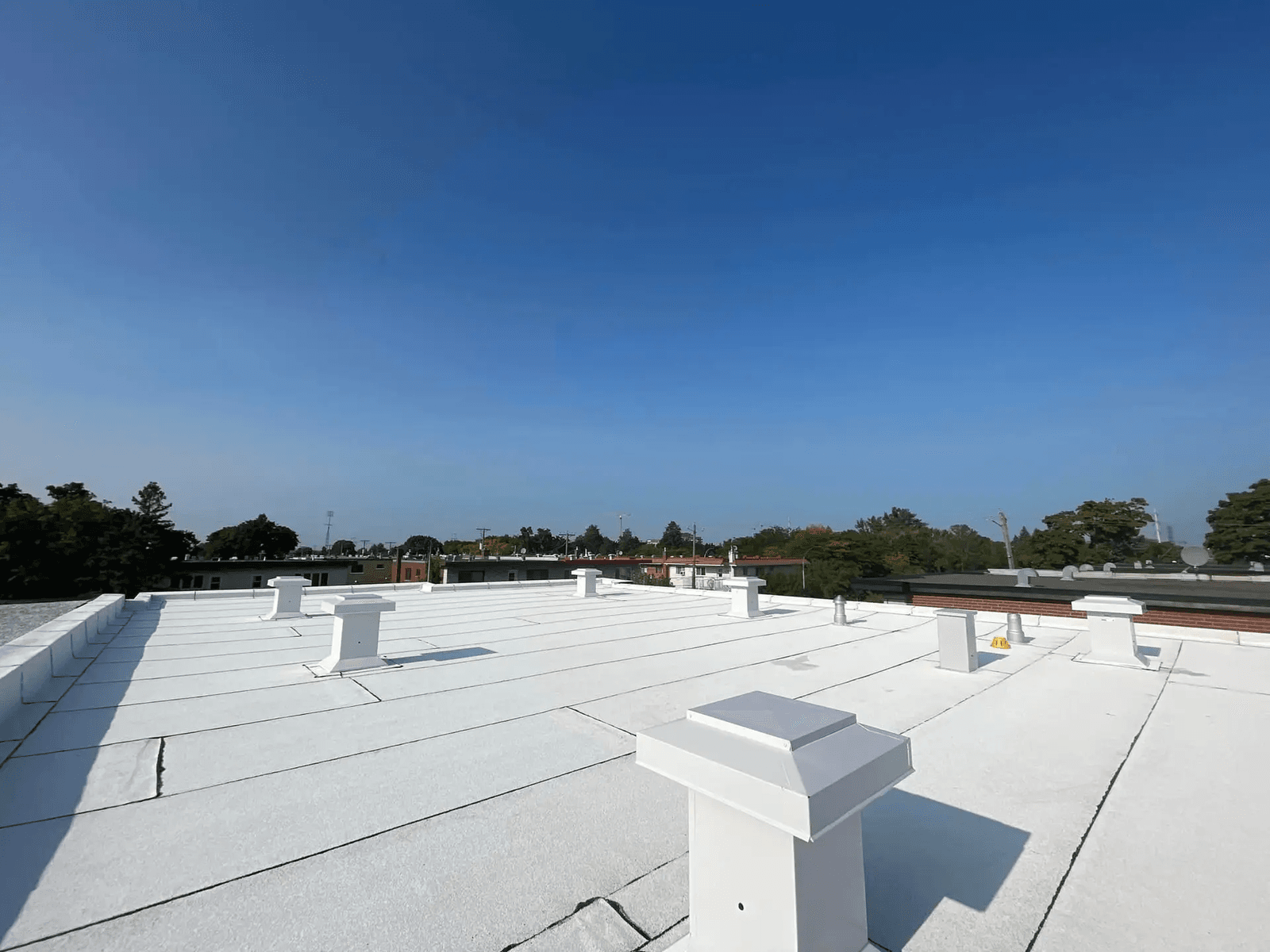Flat roof covered with a white membrane featuring multiple ventilation vents under a clear sky.