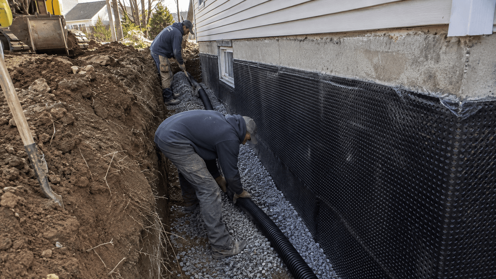 Workers installing a French drain along a residential foundation with black drainage membrane, gravel and excavation around the house