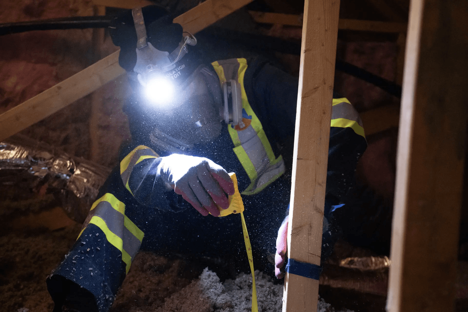 Insulation technician inspecting and measuring a wood structure in an attic, equipped with a headlamp, respirator, and high-visibility safety clothing.