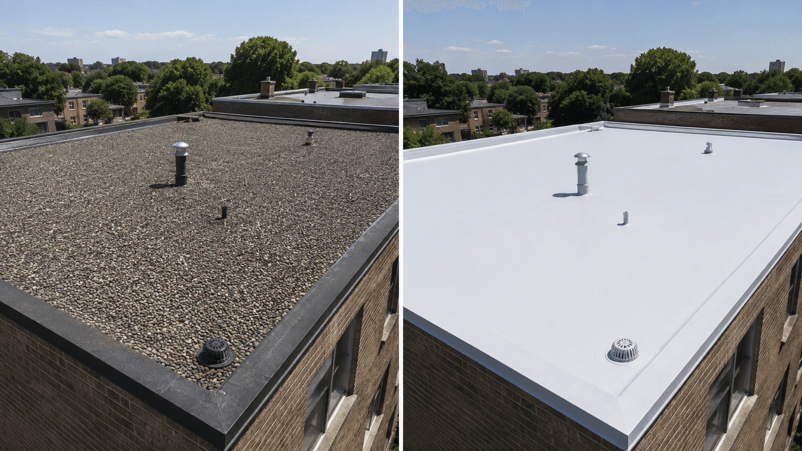 Before-and-after comparison of a flat roof, showing a gravel roof replaced with a white waterproofing membrane