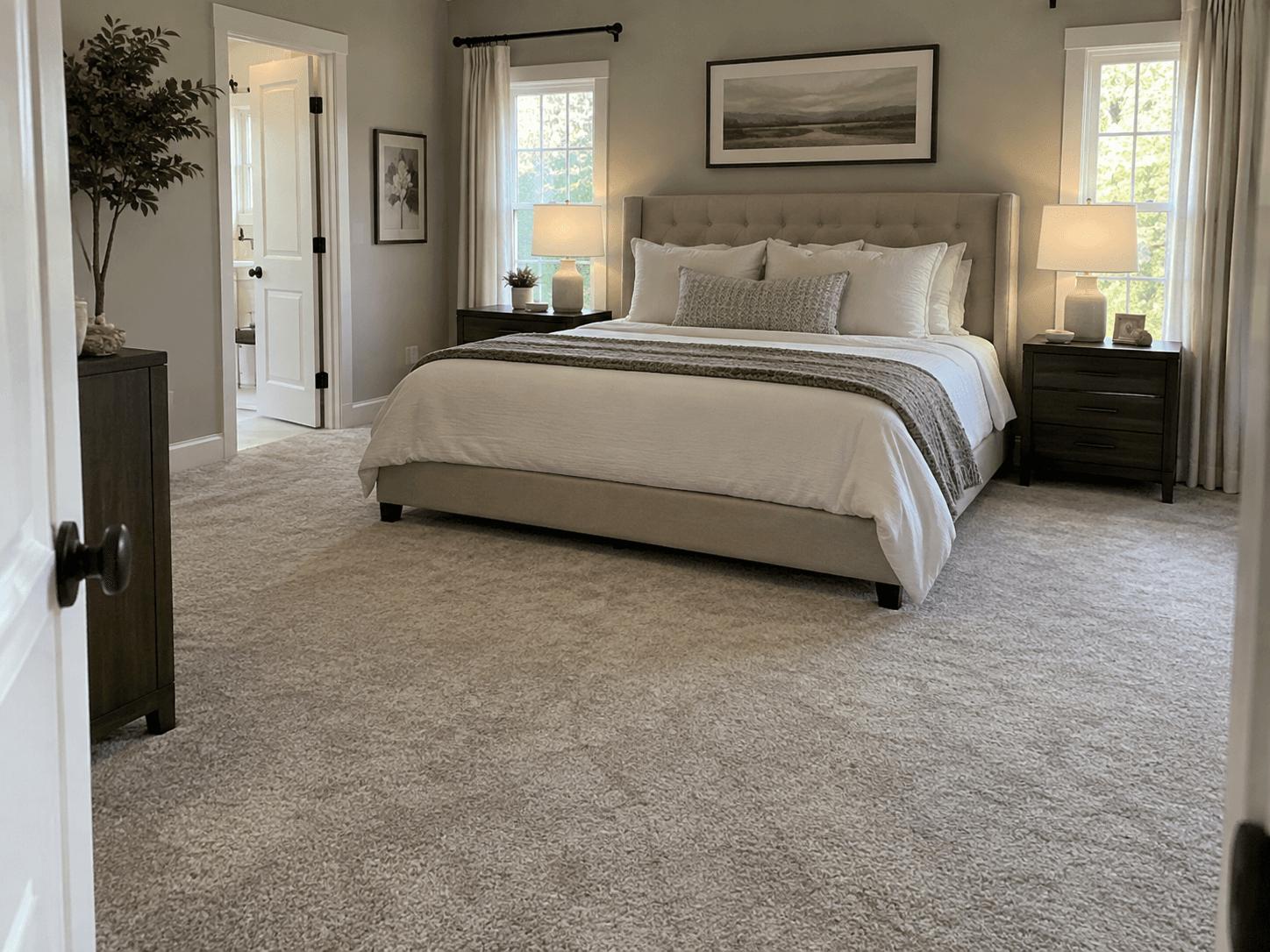 Bright elegant primary bedroom with large beige upholstered bed, white bedding, dark wood nightstands, matching lamps, and light carpet.