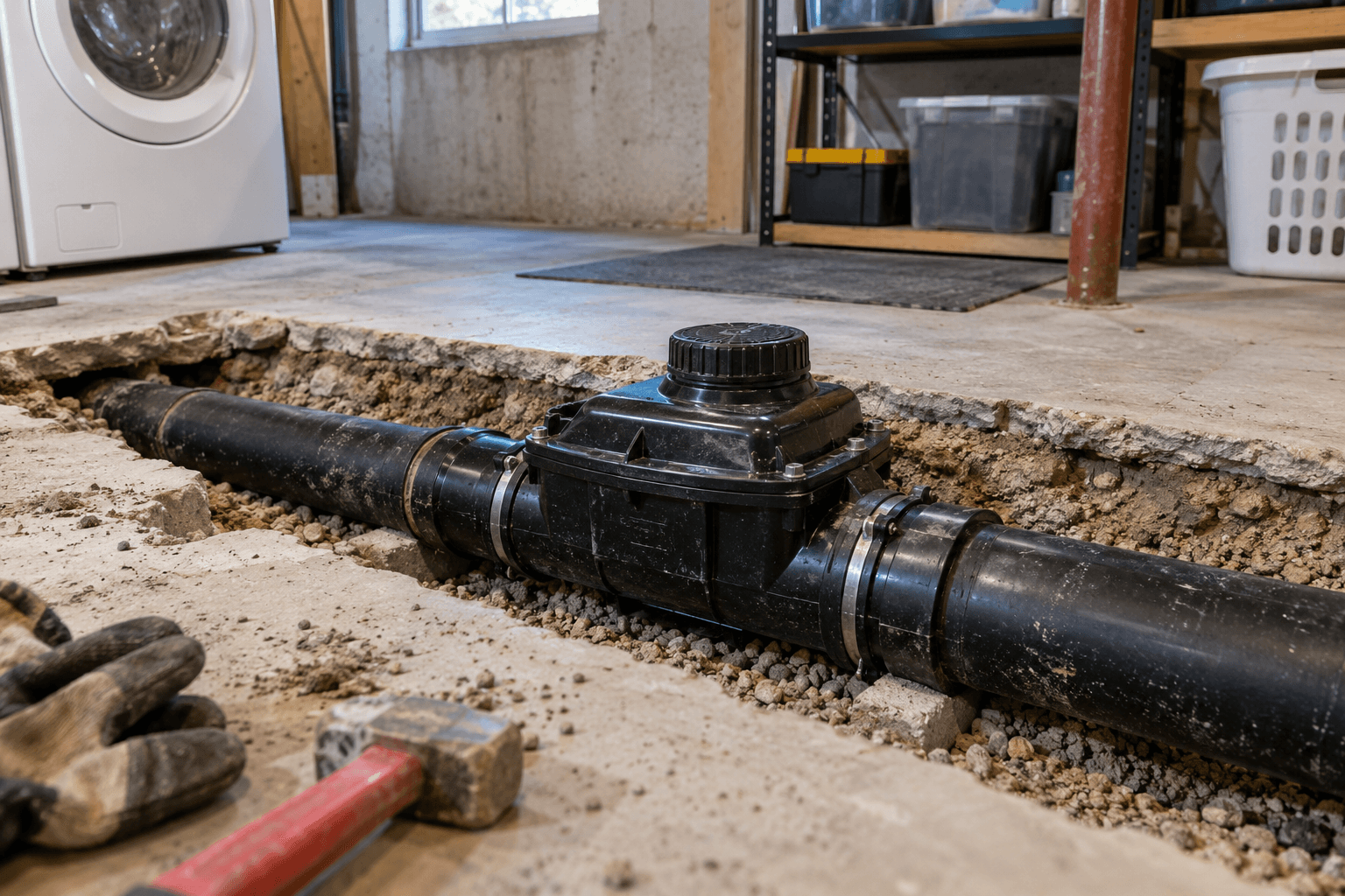 Installation of a backwater valve on a black PVC residential sewer pipe in an excavated concrete basement floor trench to prevent sewer backups and basement flooding.