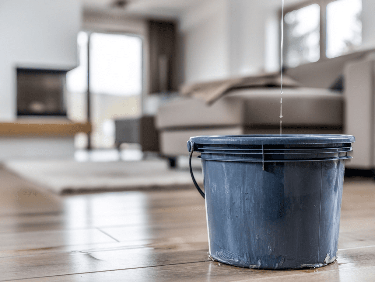 Bucket placed under a ceiling water leak in a modern residential living room to collect dripping water.