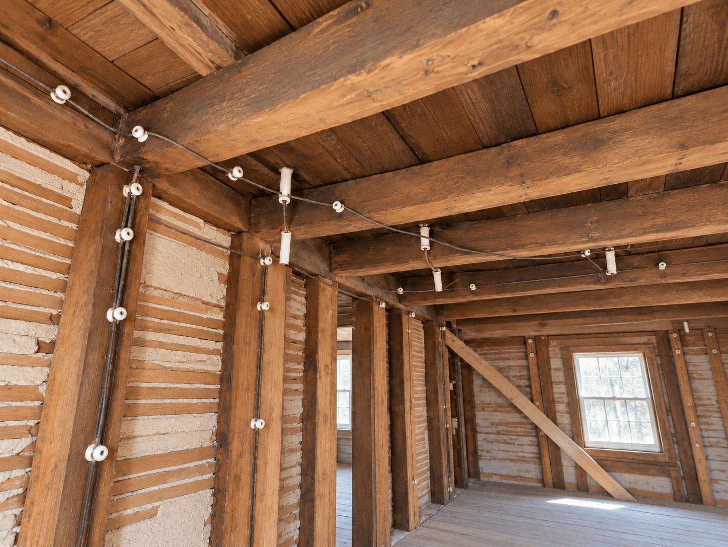 Old electrical installation with exposed wiring on porcelain insulators, timber beams, and exposed wood lath walls in a house under renovation