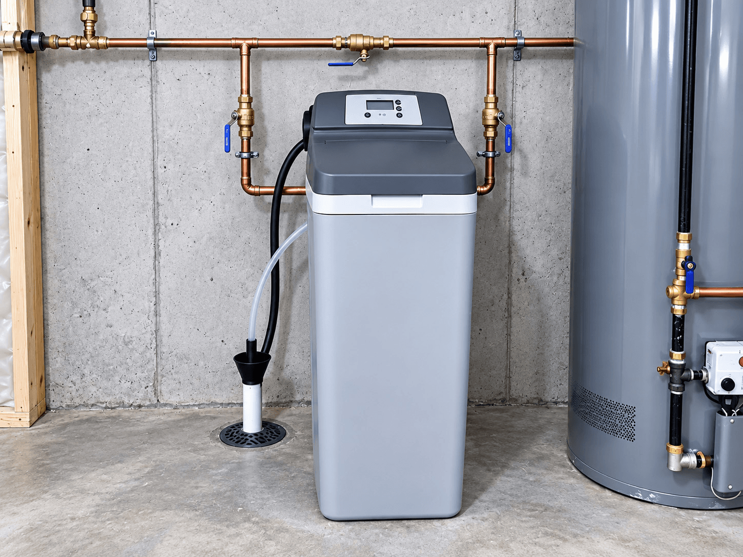 Compact residential water softener installed in a basement with copper piping, control valves, floor drain, and nearby water heater.