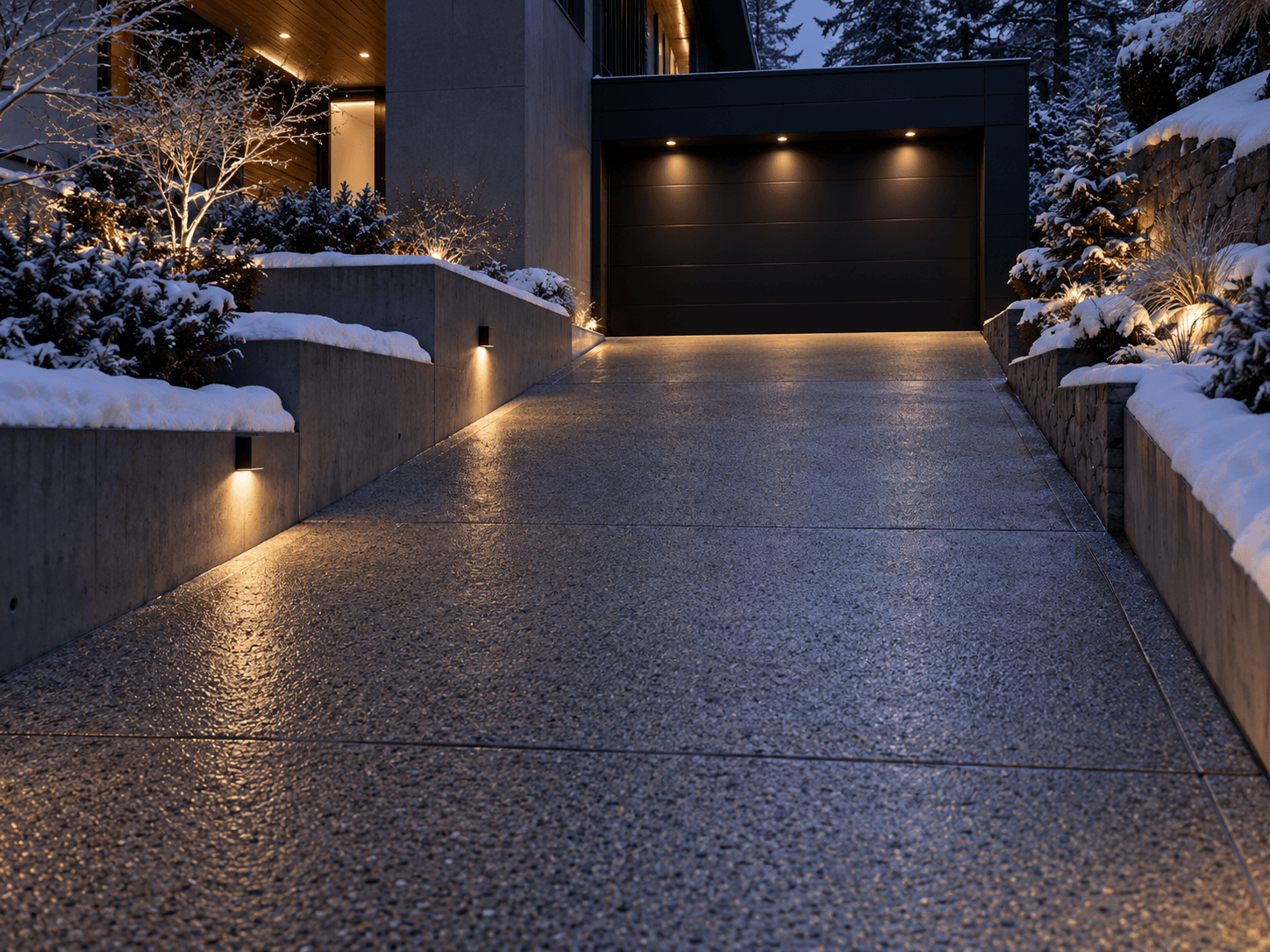 Textured concrete residential driveway cleared of snow, bordered by illuminated landscaping walls and leading to a black garage door of a modern home in winter.