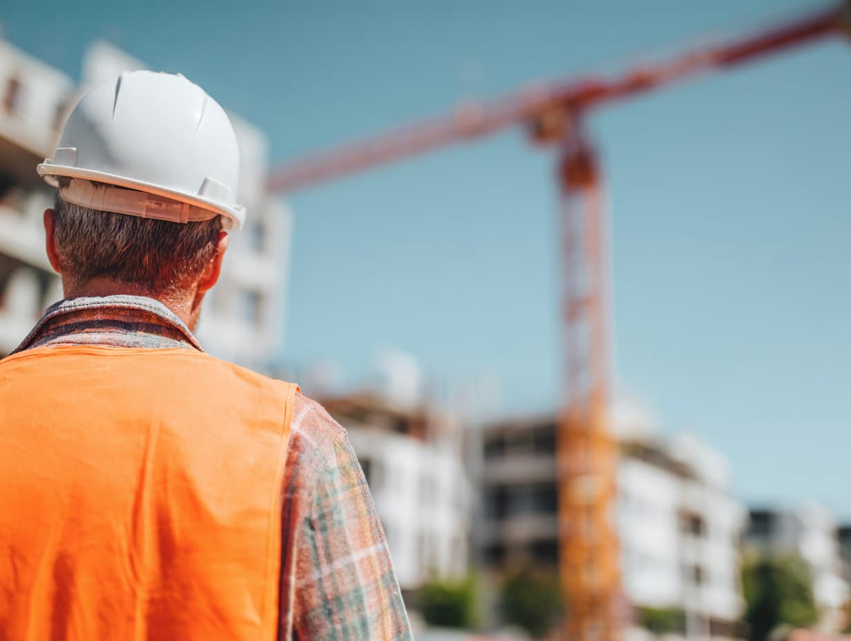 Man with back turned, wearing a white helmet and orange vest, observing a construction site with a crane and buildings in the background.