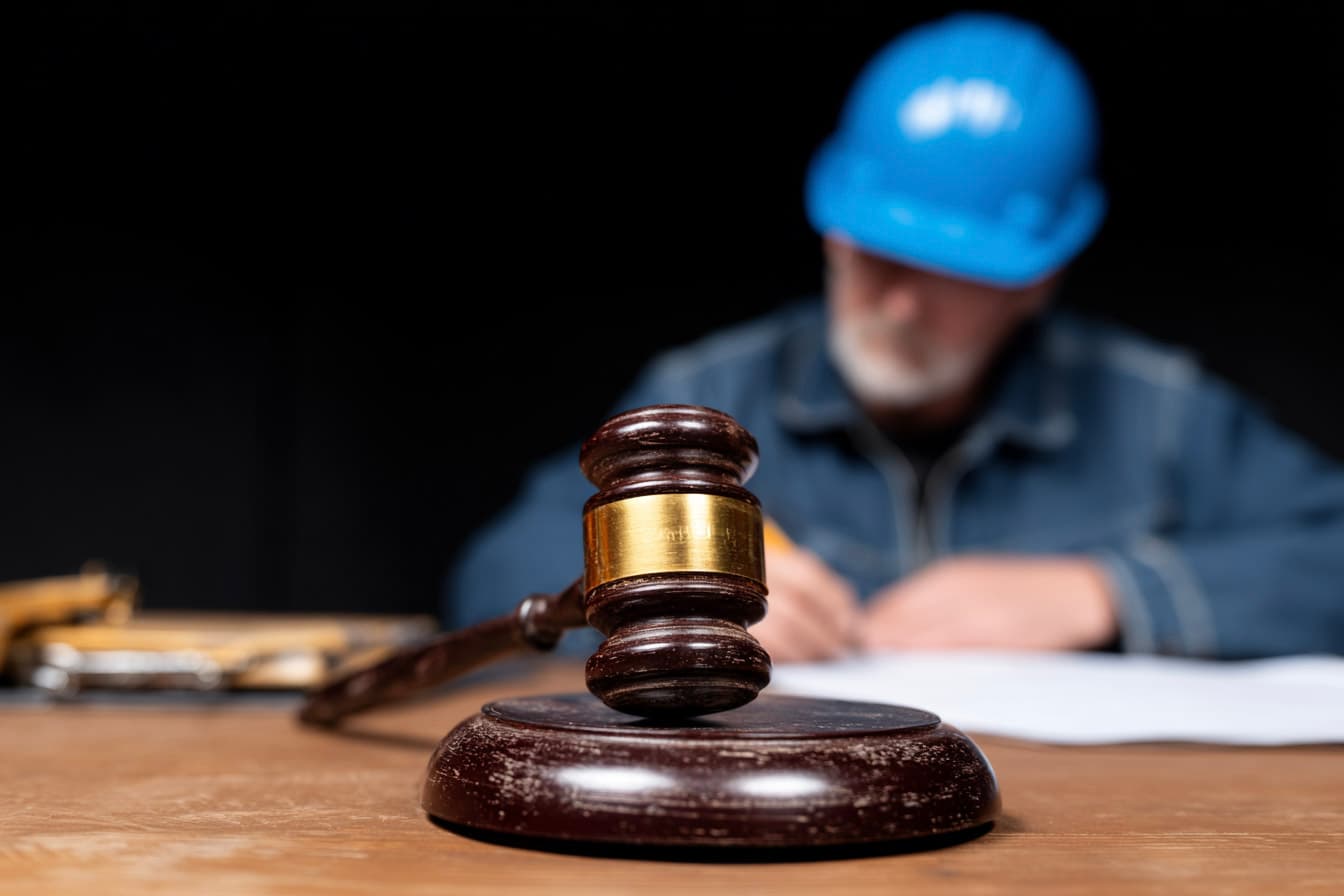 Judge's gavel in the foreground with a construction worker wearing a blurred blue hard hat in the background