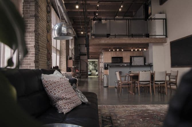 Industrial kitchen and dining room loft area