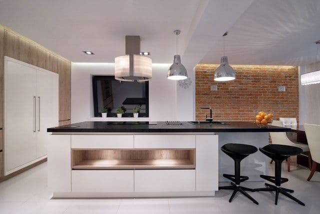 Modern kitchen with wood and brick