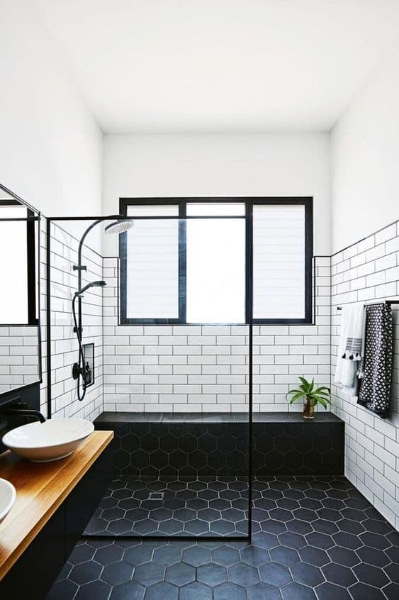 Black hexagon tiles bathroom