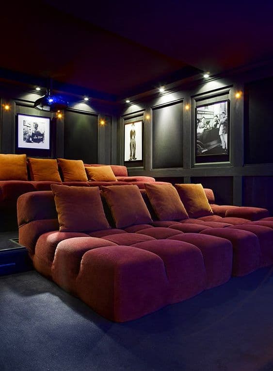 home theatre with orange couch