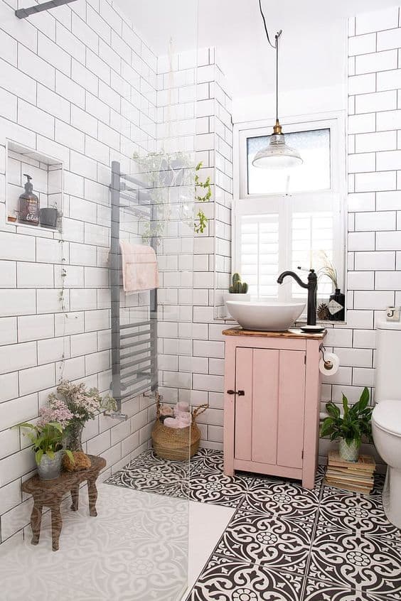 traditional bathroom with hints of pink