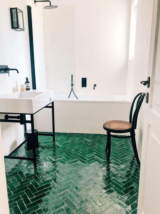 Plancher tuile céramique salle de bain vert