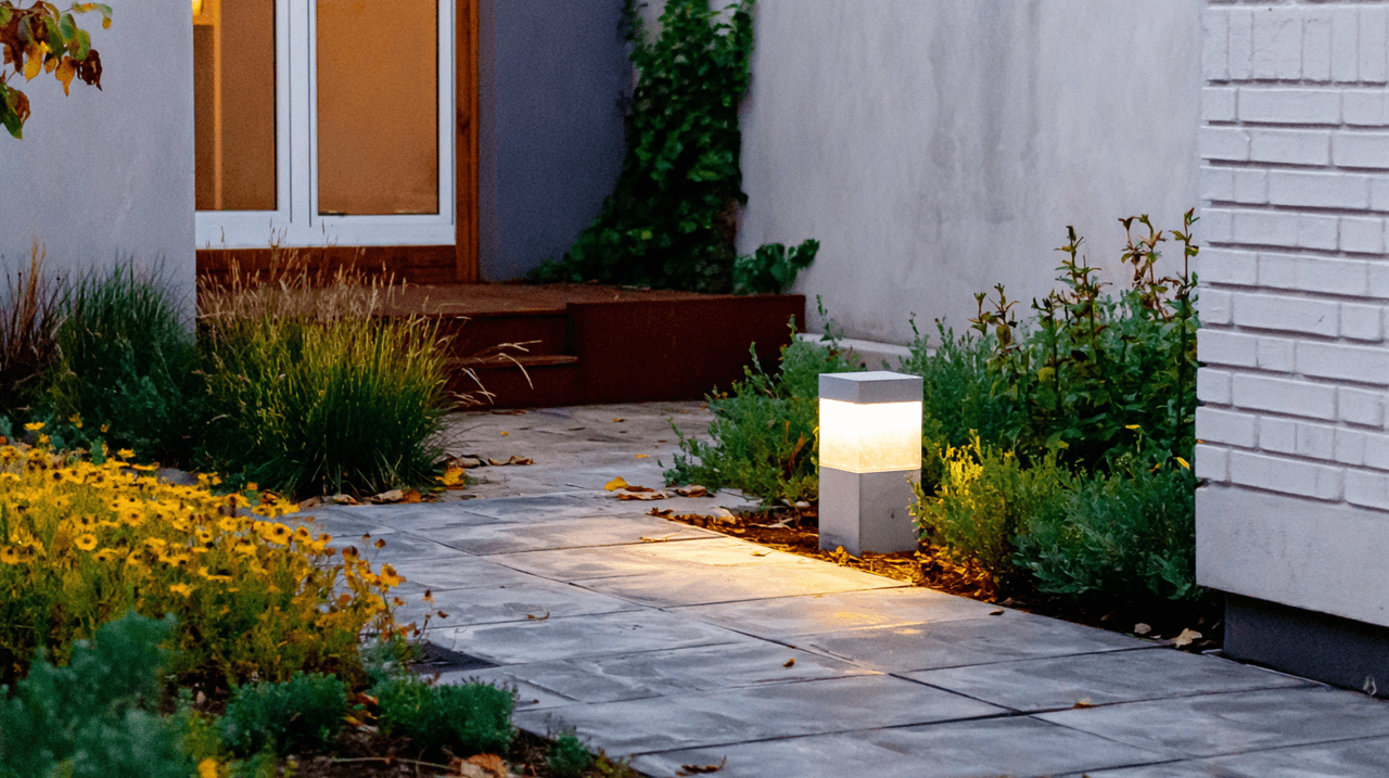Paved garden path with modern outdoor lighting and flower-filled landscaping